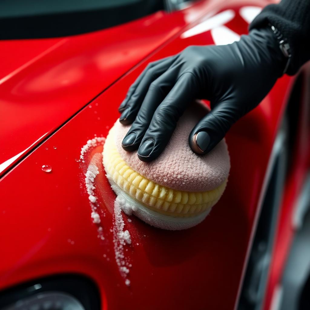 Hand polishing red sports car